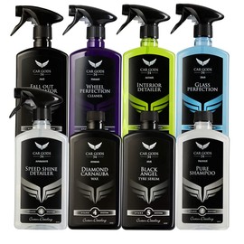 Car Gods 8 Piece Car Cleaning Detailing Kit - Shampoo - Carnauba Wax - Wheel Cleaner - Shine Detailer - Fallout Eliminator - Tyre Serum - Interior Detailer - Glass Cleaner