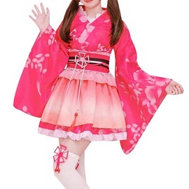 HONGFU Women's Oiran Style Long Kimono Dress, Chiffon, Cherry Blossom, Japanese Style, Yukata Costume, Cosplay Costume With Obi, Powder (Light Red)