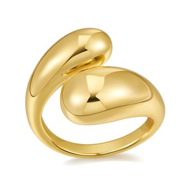 Rings for Women, Gold Plated Polished Water Drop Ring, Hypoallergenic 14K Gold Plated Chunky Teardrop Ring, Fashion Adjustable Ring, Sterling Silver, N0