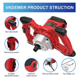 Vkdemer Electric Handheld Cement Mixer, 2pcs Mixing Heads Included, Portable Mortar Mixer with 6 Adjustable Speed, 110V Mud Mixer for Mixing Plaster,Cement, Paint, Fodder