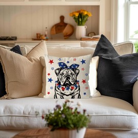 QIONG MENG 4th of July Pillow Covers 18x18 Inch English Bulldog Patriotic Throw Pillowcase Independence Memorial Day Dog Cushion Case for Home Sofa Farmhouse Decorations