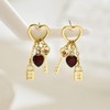 CZ Red Heart Key and Lock Drop Stud Earrings for