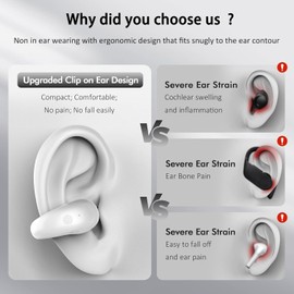 Open Ear Clip on Headphones, Wireless Earbuds Bluetooth 5.3 Sport Earphones Built-in Mic with Ear Hooks 36H Playtime Ear Buds LED Display Charging Case, Waterproof Design for Running Fitness, White