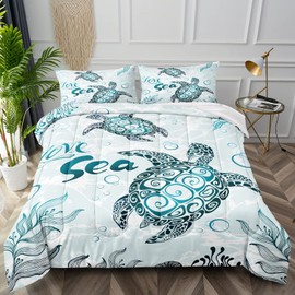 BDUCOK Sea Turtle Bedding Set,Turtle Comforter Sets Full Size for Girls Adults Women Soft Microfiber Blue Ocean Bedding Sets Ocean Themed Bedroom Decor Sea Turtles 30017,Full