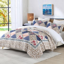 KALOOLA Oversized Bedspread Quilt 128x120, 100% Cotton Floral Bedspreads King Size, Lightweight Plaid Reversible Coverlet Comforter Set with Pillow Shams, 3 Pieces, Navy