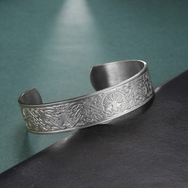 kkjoy Viking Bracelet Stainless Steel Vintage Tree of Life Raven Irish Knot 24 Runes Bangle for Women Men, Stainless Steel