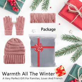 CheChury Winter Scarf Knitted Hat Combination Set Knitted Beanie Gloves Women's Scarf Hat Gloves Set Knitted Gift Set Touchscreen Gloves, #1 Pink