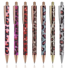 Bling Metal Pens 7Pcs Leopard Print Metal Pens Bling Sparkly Metal Ballpoint Retractable Ballpoint Pens Black Ink Click Ballpoint Pens for Students Adult, Children, School, Office, Home, Drawing