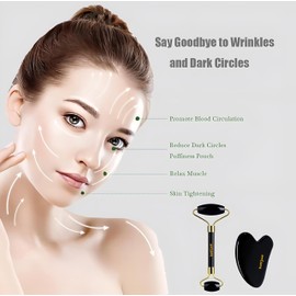 rosejane Jade Roller for Face and Gua Sha Facial Tools - Certified Face Roller and GuaSha for Your Skincare Routine - Birmania Jade 100% - Includes Real Jade and Stones, Skin Care Massage - Black