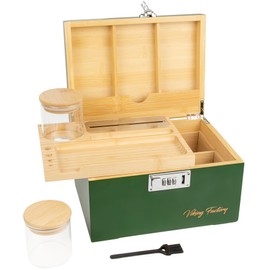 Viking Factory Premium Decorative Bamboo Box - Home Office Lock Organizer Set w/Removable Tray, Glass Jars & Adjustable Divider - Mortise-Tenon Crafted - Gift Ready for Women & Men (Green)