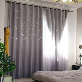 ABREEZE Kids Star Blackout Curtains - Gradient Tulle Overlay Double Layer Sparkle Star Cut Out Curtains (1 Panel, 59 x 63 inch, Grey)