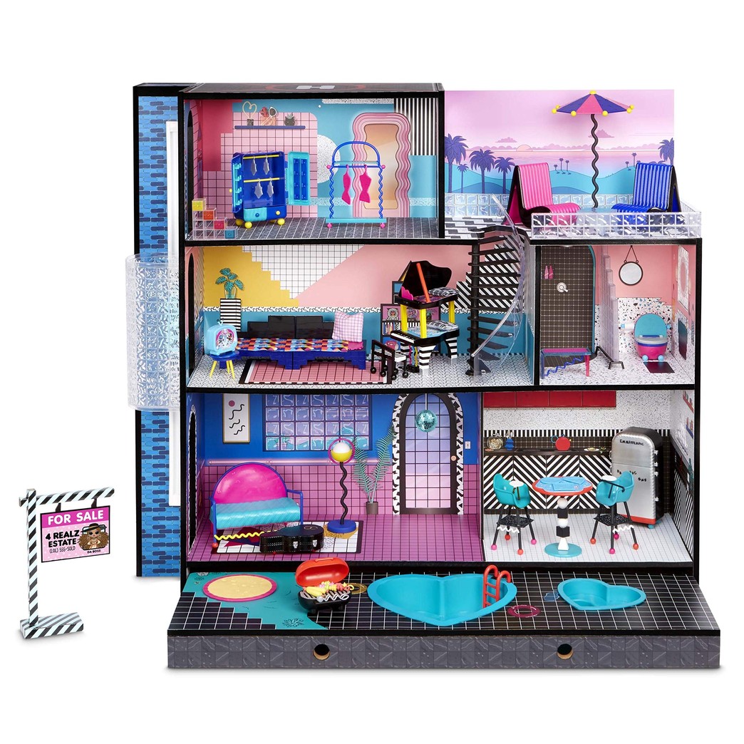 LOL Surprise Home Sweet with OMG Doll– Real Wood Doll House with 85+ Surprises | 3 Stories, 6 Rooms Including Elevator, Tub, Pool, Patio, Living Room, Kitchen, Piano Bedroom, Bathroom, Fashion Closet