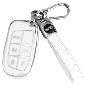 XIYANG TRADE for Jeep Key Fob Cover with Keychain,Soft TPU Key Case Shell Full Protection for Grand Cherokee Renegade Chrysler 200 300 Dodge RAM Durango Challenger Journey Dart Fiat Smart Key (White)
