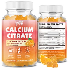 Calcium Citrate Gummies 1200 mg with Vitamin D3, K2, Magnesium, Zinc, Bone Support for Bones, Muscles & Joints,Immunity & Memory Support, 60 Count