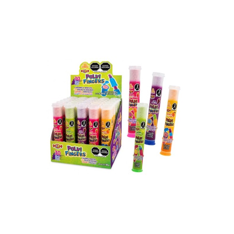 Polvi Fingers 30 piezas, Caramelo Macizo con Polvo Acidulado, Sabores