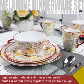 Zog Melamine Dinnerware Set for 4-16 Pcs Camping Dishes Set with Melamine Dinner Plates,Melamine Salad Plates,Melamine Bowls and Ceramic Cups..Lightweight and Unbreakable (Flower4)