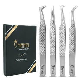 OMANIA Eyelash Extension Tweezers Set 4PCS – Lash Tweezers Kit for Volume, Classic & Isolation – Precision Eyelash Tweezers for Lash Extensions, Non Slip Professional Lash Tools