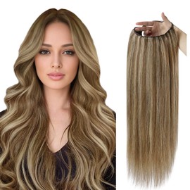 Full Shine U Part Wig Human Hair, Remy Brown with Blonde Highlights, Glueless Natural Look Seamless Full Head Wig 16 Inch 120gram
