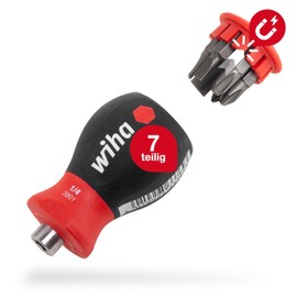 Wiha Schraubendreher Stubby mit Bit Magazin magnetisch (33738) I Schlitz, Kreuzschlitz I mit 6 Bits, 1/4"