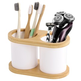 Toothbrush Holder Toothpaste Holder Stand Bathroom Countertop Organizer, 2 Slots Electric Toothbrush Holder Storage - Bamboo Tray