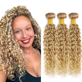 P27/613 Bundle Ombre Curly Wave Human Hair Bundles Highlight Blonde 3 Bundles 14 16 18 Inch 8A Grade Two Tone Honey Blonde Mixed With 613 Kinky Curly Bundle