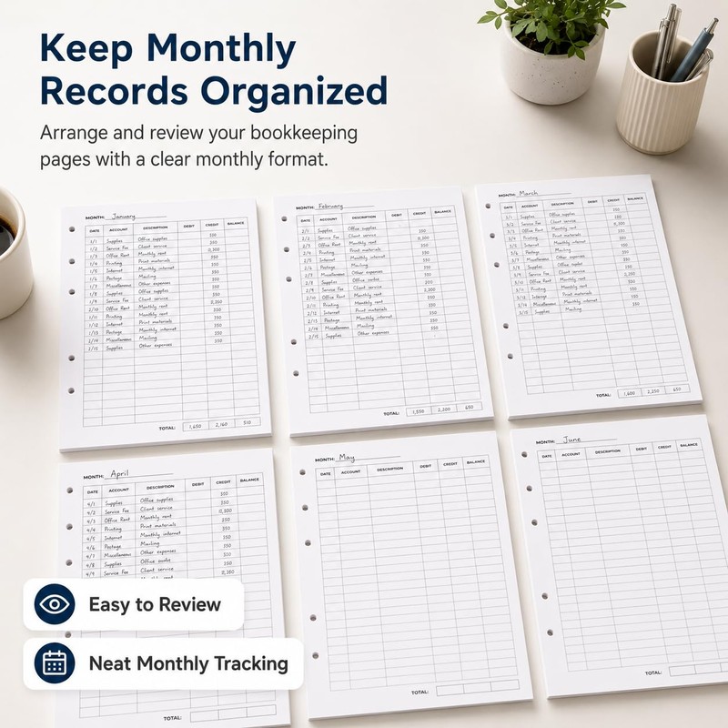 Accounting Ledger Sheets, A5 6-Hole Ledger Paper Refill, 50 Count