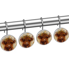 Highland Cow Sunflowers Shower Curtain Hooks, Rustproof Shower Curtain Rings for Bathroom, Metal Decorative Shower Curtain Hooks Hangers for Shower Curtain Rod, Set of 12