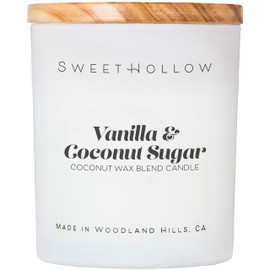 SweetHollow Vanilla & Coconut Sugar Candle, White Glass Jar with Wood Lid, Highly Scented & Long Lasting Coconut Wax Luxury Candle for Home, Sweet Bakery Dessert Scent, Large