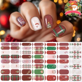 6 Sheets Christmas Nail Wraps Full Stickers Nail Polish Strips, Cute Grid DIY Self-Adhesive Glitter Nail Art Decals Snowflake Xmas Tree Red Green Party Decor with 1 Pcs Nail Files (128 Pieces)