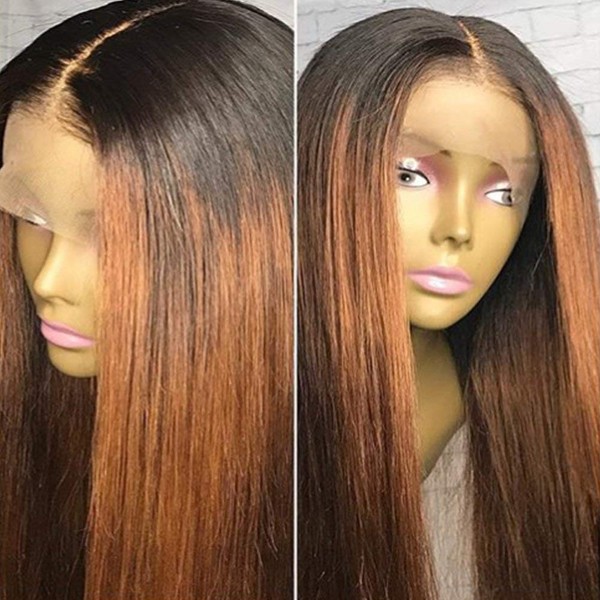 Ombre Wig Human hair wig for Black Women Two Tone Color Glueless Lace Front Wigs Brazilian virgin Human hair wigPre Plucked Silky Straight Ombre blonde Wig (1B/30) 12"180% Wigs