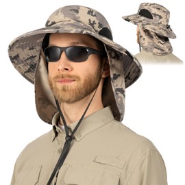 SUN CUBE Fishing Hat Sun Hat for Men, Women, Hiking Sun Hat with Neck Flap, Wide Brim, Chin Strap, Safari Summer Bucket Boonie Hat, UPF 50+ Outdoor Protection, Packable Breathable Mesh (Camo Grey)