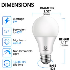 E ENERGETIC LIGHTING 40W Equivalent A19 LED Light Bulb, Soft White 2700K, E26 Standard Base, ETL/UL Listed, 5W 450lm Non-Dimmable LED Light Bulb, 8 Packs