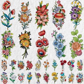 Acevegue Temporary Tattoos for Women, 79 Sheets Realistic Colour Flower Tattoo Stickers, Flowers Wild Plant Transfer Tattoos for Girls Makeup Accessories Decorations