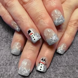 Christmas Press on Nails Short Square Fake Nails with Snowflake Charm Design Silver Glitter Glue on Nails Snowman Stick on Nails Glossy Reusable Winter Nails French False Nails for Women Girls