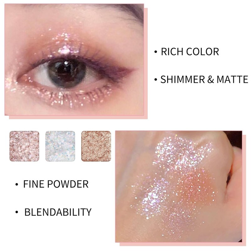 9 colours glitter eyeshadow palette, gold white pink palette, natural,