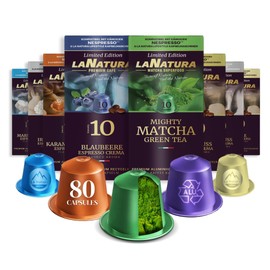 La Natura Lifestyle Flavour Box, 80 Coffee and Tea Capsules Compatible with Nespresso³ Coffee Machines, Blueberry, Caramel Honey, Irish Coffe, Marshmallow, Hazelnut, Vanilla, Coconut, Matcha Tea