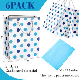 Humyoun 6 Pack Medium Gift Bags with Tissue Paper 7 x 4 x 9 Easter Thick Gift Bags Wrap with Handles Polka Dots Tissue Paper for Birthday Graduation Baby Shower Wedding Mother's Day(White, Blue)