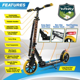 SereneLife Lightweight and Foldable Kick Scooter - Comfortable T-Bar Handlebar, Adjustable Scooter for Teens and Adult, Alloy Deck with High Impact Wheels, Durable ABEC-7 Bearings, Leopard SLTS85