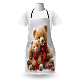 Ambesonne Christmas Apron Pack of 2, Classic Oil Paint Look Bear Family in Snowy Atmosphere of Xmas Joy, Unisex Kitchen Bib with Adjustable Neck, 2 Pcs - Adult Size, Off White Tan Dark Pink