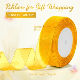 Gold Ribbon for Flower Bouquet 1 Inch 50 Yards Sheer Yellow Ribbon for Mothers Day Gift Basket Tulle Ribbon for Gift Wrapping Ribbons for Crafts Stain Ribbon Thin Ribbon for Party Favors