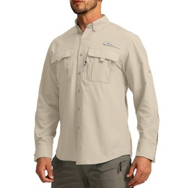 Men's Sun Protection Fishing Shirts Long Sleeve Travel Work Shirts for Men UPF50+ Button Down Shirts with Zipper Pockets(Khaki X-Large)