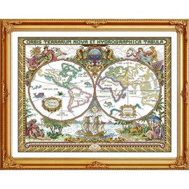 CRAFTiDA Cross Stitch Kits for Adults Pre-Printed Stamped Embroidery Kit 14CT 51x42cm DIY Cross Stitch Craft Kit (Old World Map)