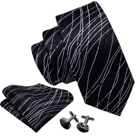 Barry.Wang Mens Black Tie Sets Stripe Silk Necktie Pocket Square Cuff Links Business Wedding