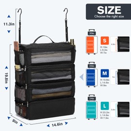 Travel Essentials Hanging Suitcase Organizer, Carry-on Collapsible Packing Cubes for Travel, Stow-N-Go Portable Hanging Closet Organizer Shelves Luggage Bag, Medium, Black