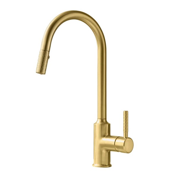 TURS Brushed Gold Kitchen Faucet Brass High Arc Kitchen Sink Faucets with Pull Down Sprayer, Single Handle Copper Kitchen Faucets,FK002LG