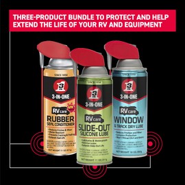 3-IN-ONE RV Care Trio Pack Includes Slide Out Lube 11 oz, Window & Track Lube 10 oz and Rubber Seal Conditioner 11oz.