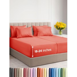 CGK Unlimited Extra Deep Split King Sheet Set - 7 Piece Breathable & Cooling Sheets - Hotel Luxury Bedding Set w/18-24 Inch Extra Deep Pockets - Easy Fit - Super Soft, Wrinkle Free & Comfy - Coral, Split King Size
