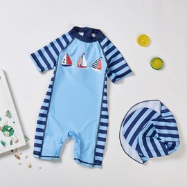 PythJooh Toddler Baby Boys One-Piece Swimsuits Stripe Boat Swimwear Long Sleeve Rash Guards Bathing Suit with Hat UPF 50+