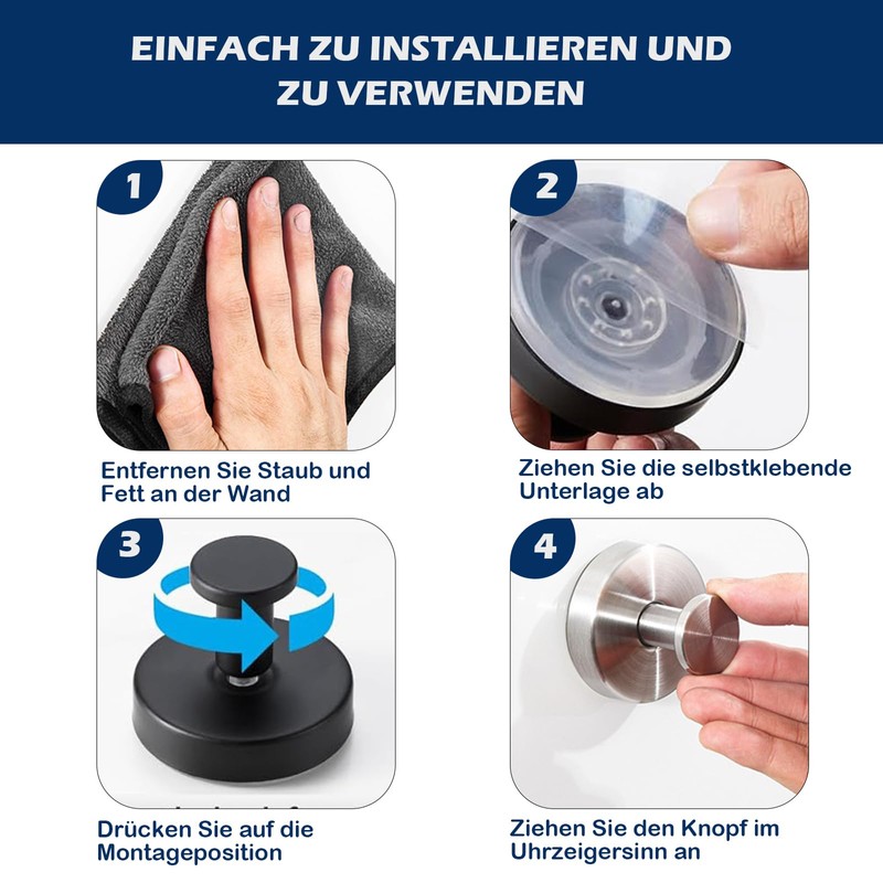 EUDUQ Pack of 4 Suction Cup Hooks, Extra Strong, Towel