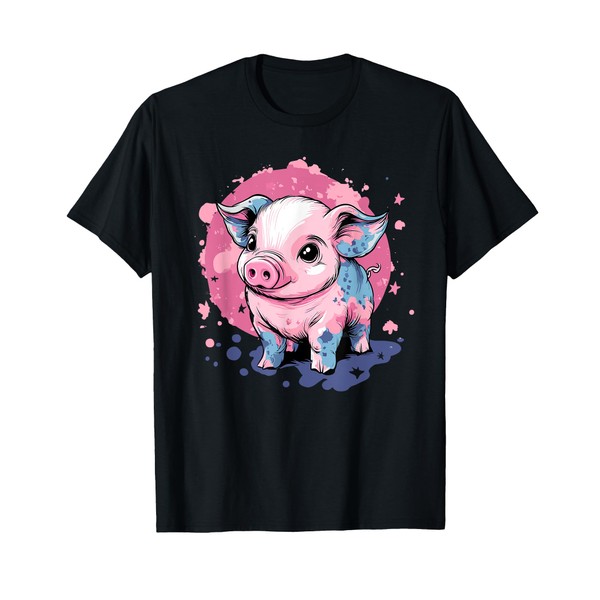 Cute Piglet in Colorful Starry Pink Splash T-Shirt
